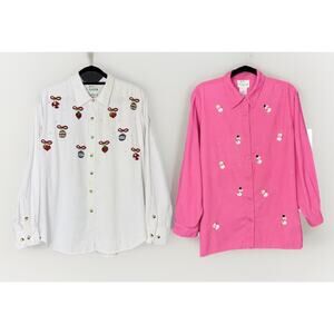 Lot Of 2 Quacker Factory LG Corduroy Shirt Button Embroidered Holiday Christmas